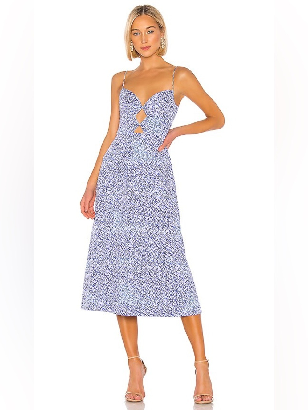 SALONI Blue Floral Midi Dress with Front Cutouts